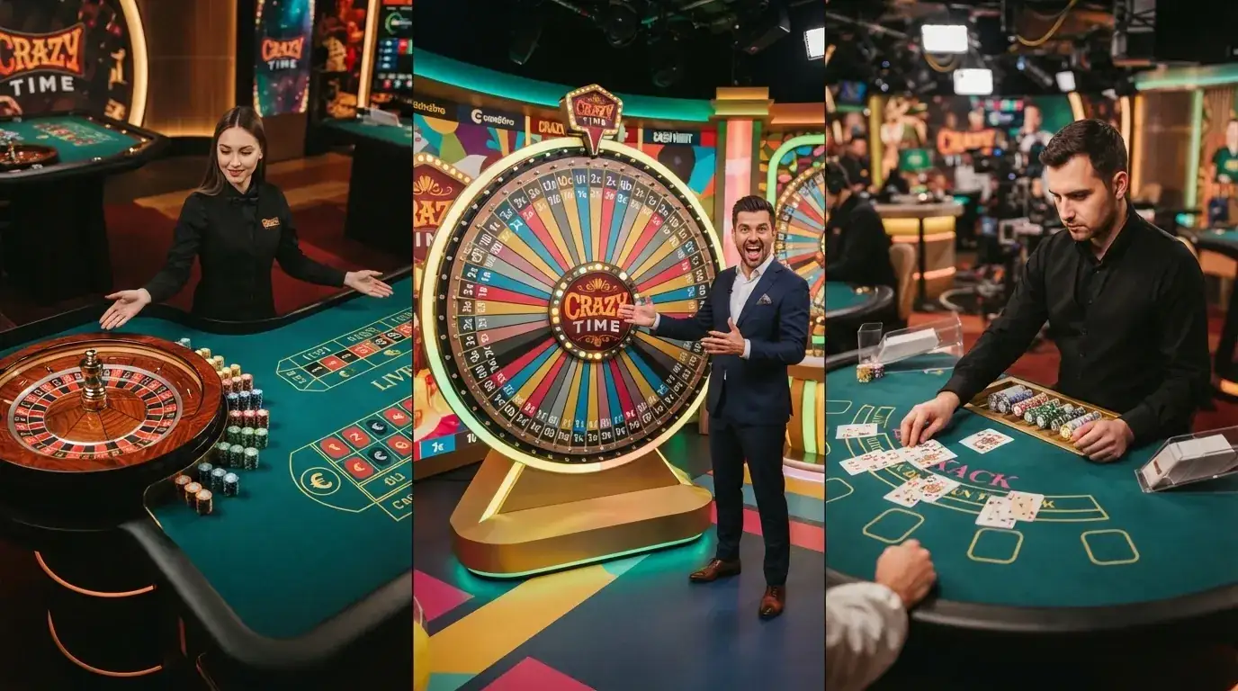 Un collage di tre schermate: un tavolo di roulette con croupier, la ruota di Crazy Time e un tavolo di blackjack con interfaccia in italiano