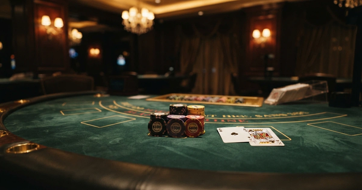 Un tavolo da blackjack in un casinò di lusso con fiches impilate, carte disposte sul tappeto verde e luce calda, senza persone inquadrate