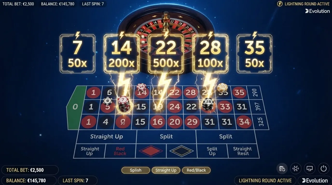 Schermata dell'interfaccia di gioco della Lightning Roulette con i numeri fortunati colpiti dal fulmine e i moltiplicatori assegnati da 50x a 500x