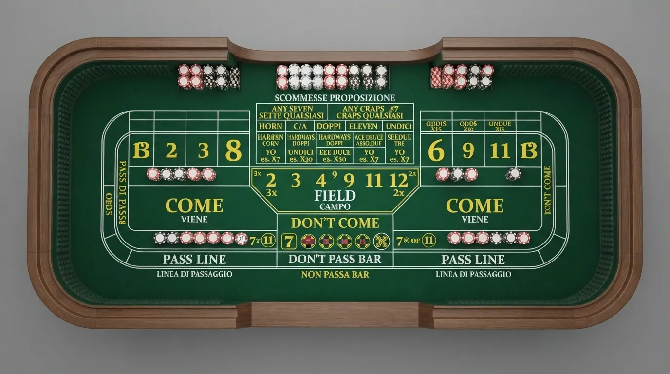 Schema del tavolo da craps con le aree di scommessa etichettate: Pass Line, Dont Pass, Come, Field e Proposition al centro