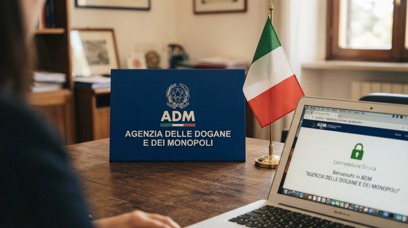 Logo ufficiale dell'Agenzia delle Dogane e dei Monopoli accanto al lucchetto di connessione sicura e alla bandiera italiana, su sfondo istituzionale blu