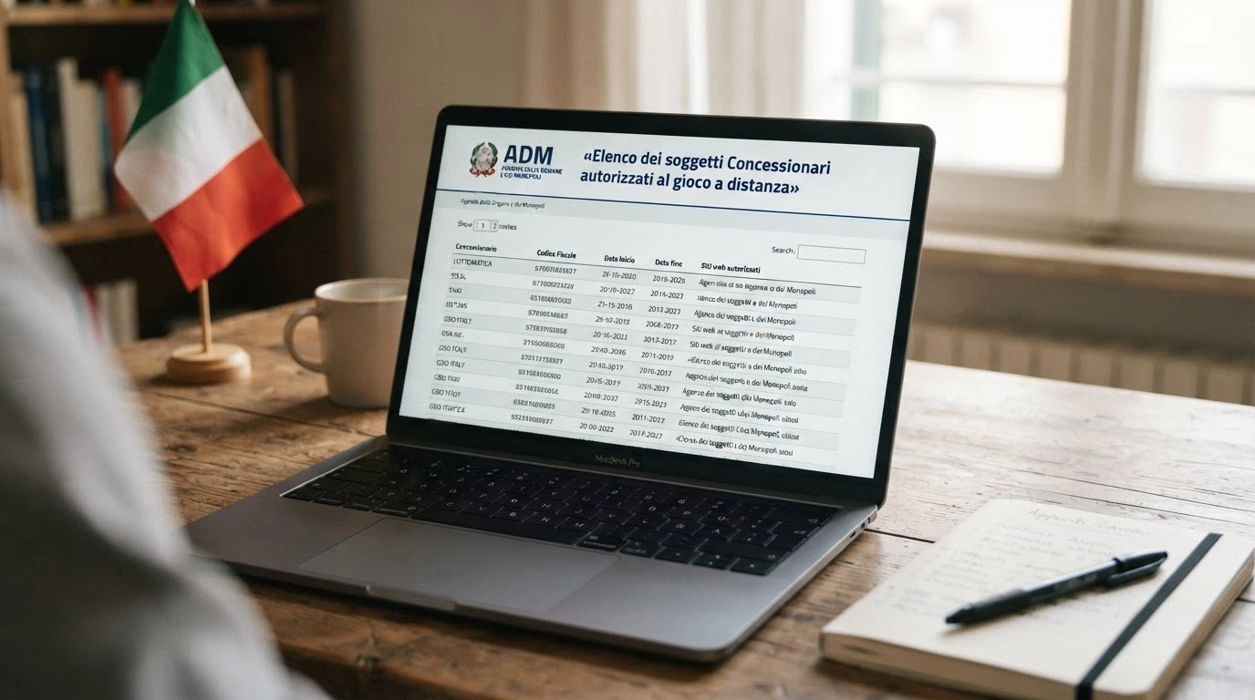 Il logo dell'Agenzia delle Dogane e dei Monopoli accanto alla dicitura «Concessionari autorizzati al gioco a distanza» e un estratto del registro pubblico ADM