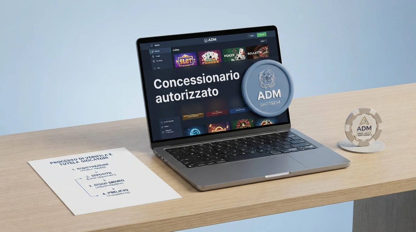Primo piano del logo ADM accanto alla scritta «Concessionario autorizzato», schermo di un'area riservata con l'interfaccia di impostazione dei limiti di deposito, una carta d'identità e SPID stilizzati