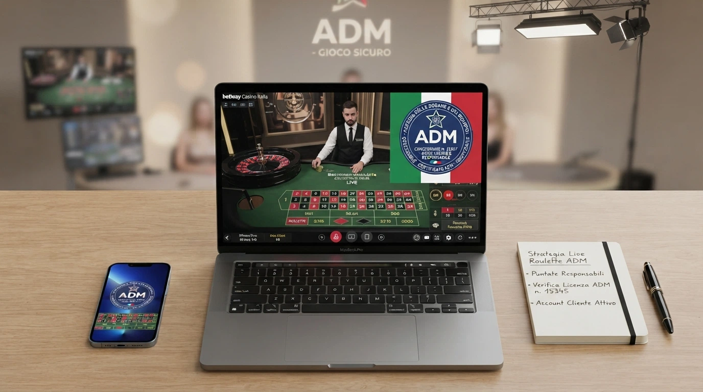 Il logo ufficiale dell'Agenzia delle Dogane e dei Monopoli accanto alla schermata di un casinò live con il codice concessione in evidenza