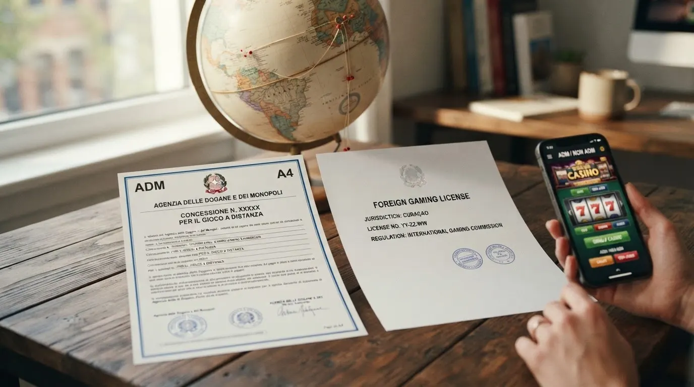 Un documento ufficiale di concessione ADM a fianco di una licenza di gioco estera (Curaçao o Anjouan), con una mappa che evidenzia l'Italia e le giurisdizioni offshore.