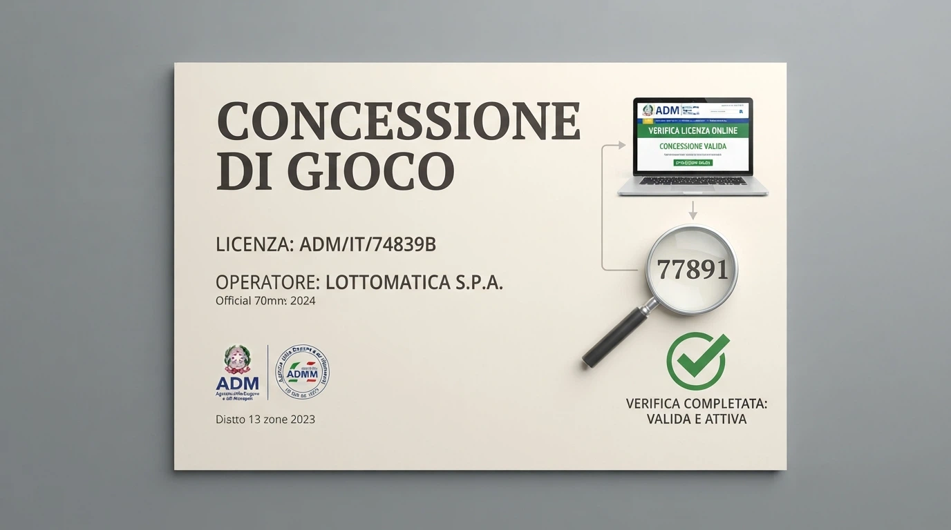 Il logo ufficiale dell'Agenzia delle Dogane e dei Monopoli accanto alla schermata di verifica di un casinò online autorizzato