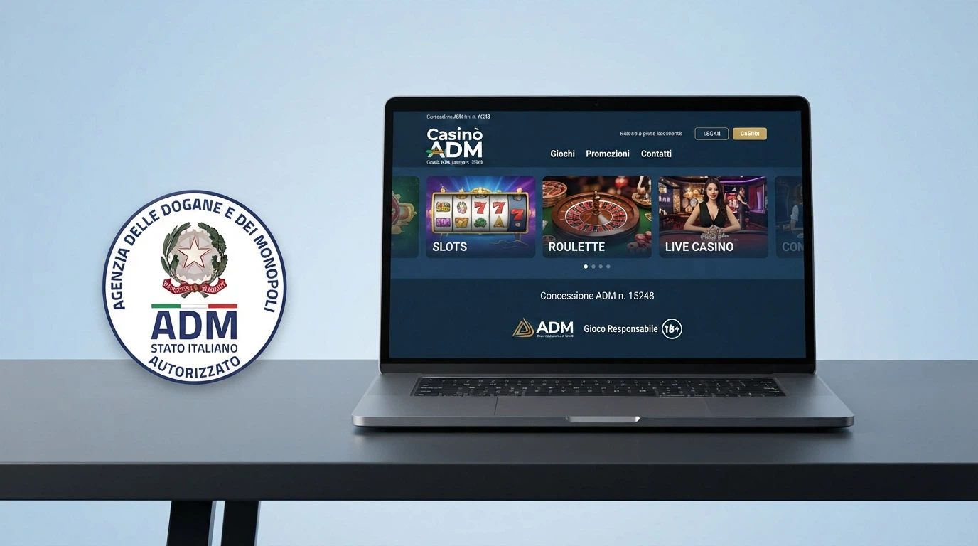 Il sigillo ufficiale dell'Agenzia delle Dogane e dei Monopoli accanto alla homepage di un casinò online con il lucchetto HTTPS nella barra degli indirizzi