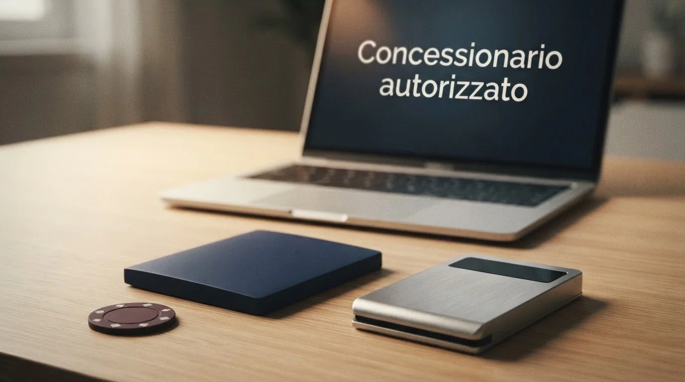 Un documento d'identità italiano e la Carta d'Identità Elettronica appoggiati su una scrivania accanto a uno schermo che mostra il logo ADM e la scritta «Concessionario autorizzato»