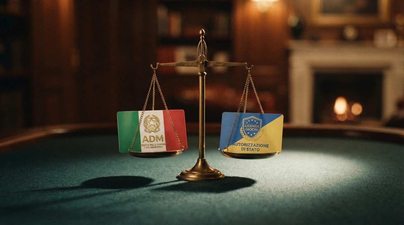 Un confronto visivo tra il logo dell'ADM e il logo di una licenza Curaçao affiancati, con una bilancia che pende dalla parte ADM
