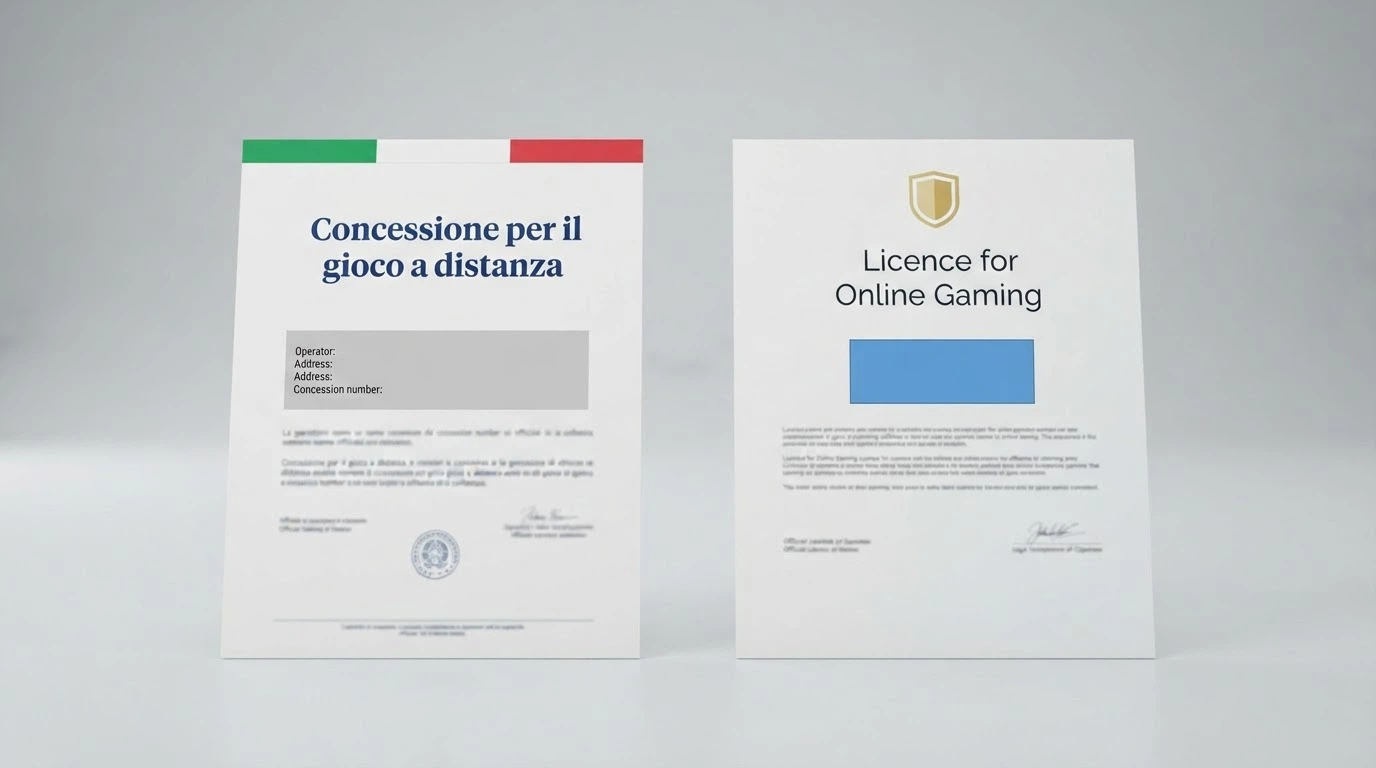 Un documento ufficiale con il logo dell'ADM (Agenzia delle Dogane e dei Monopoli) accostato a un certificato di licenza offshore con il logo di Curaçao, il testo della Legge 401/1989 visibile sullo sfondo