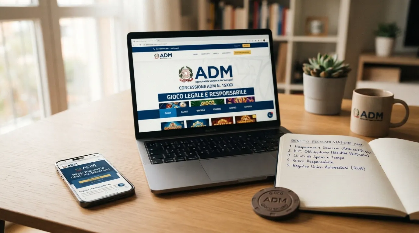 Il logo ADM in primo piano su uno sfondo che richiama la pagina di un casinò online regolamentato, con l'elenco delle tutele (KYC, RUA, limiti di spesa) in overlay