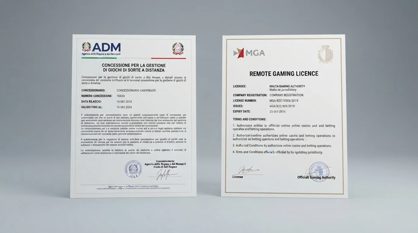 Il confronto visivo fra due certificati di licenza: a sinistra una concessione ADM con il logo dell’Agenzia delle Dogane e dei Monopoli, a destra una licenza di Curaçao con sigillo differente e testo in inglese.