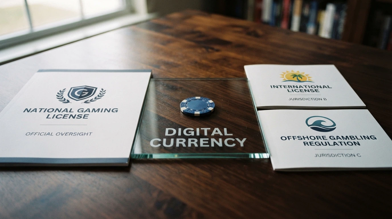 Una mappa concettuale che confronta i simboli delle licenze da gioco: il logo ADM italiano da un lato, i loghi di Curaçao e Anjouan dall'altro, separati dalla scritta «Ethereum» al centro