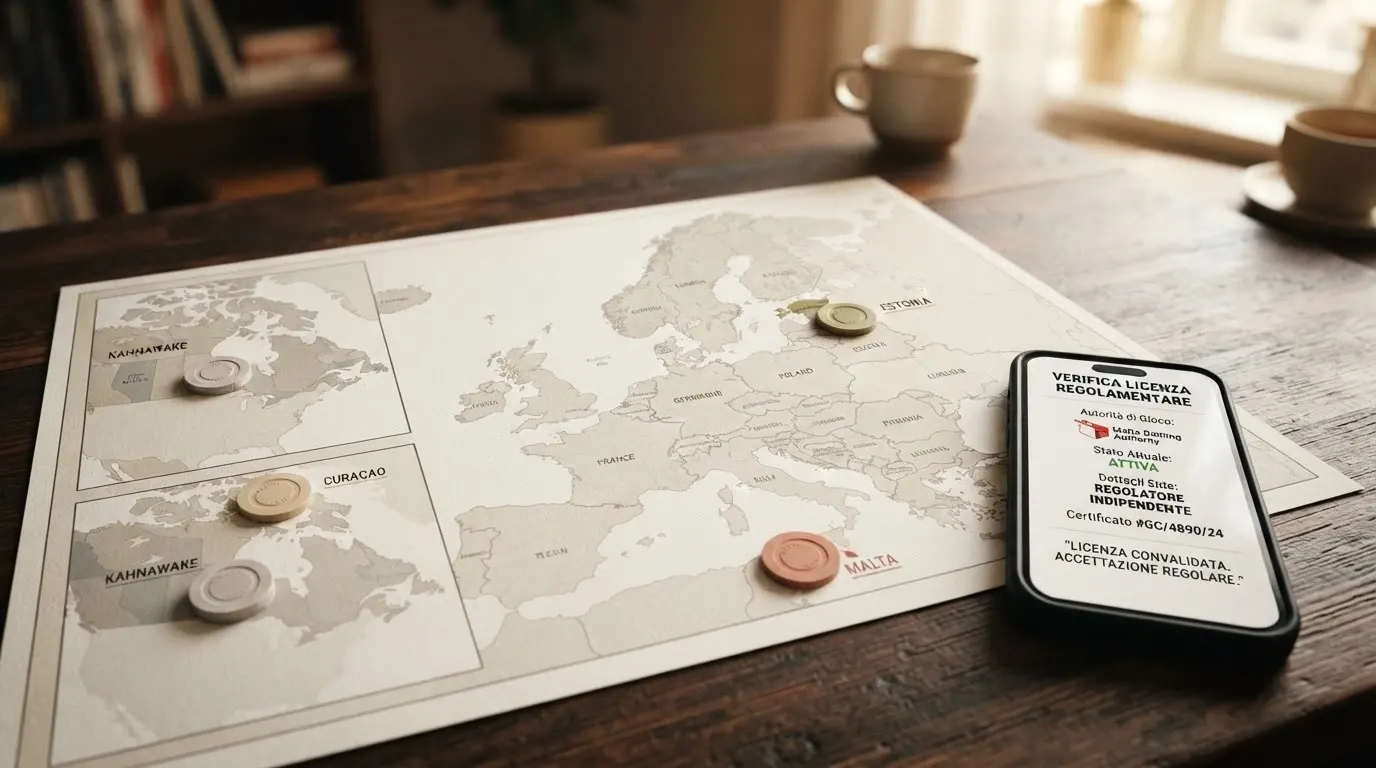 Mappa stilizzata delle giurisdizioni che rilasciano licenze da gioco online: Curaçao, Malta, Kahnawake ed Estonia evidenziate in colore