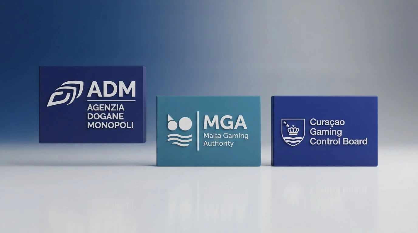 Tre loghi istituzionali affiancati: ADM (Agenzia Dogane e Monopoli), Malta Gaming Authority e Curaçao eGaming