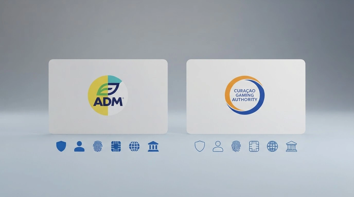 Due colonne affiancate che contrappongono il logo ADM e il logo della Curaçao Gaming Authority, con icone che rappresentano tutele assenti o presenti sotto ciascuna