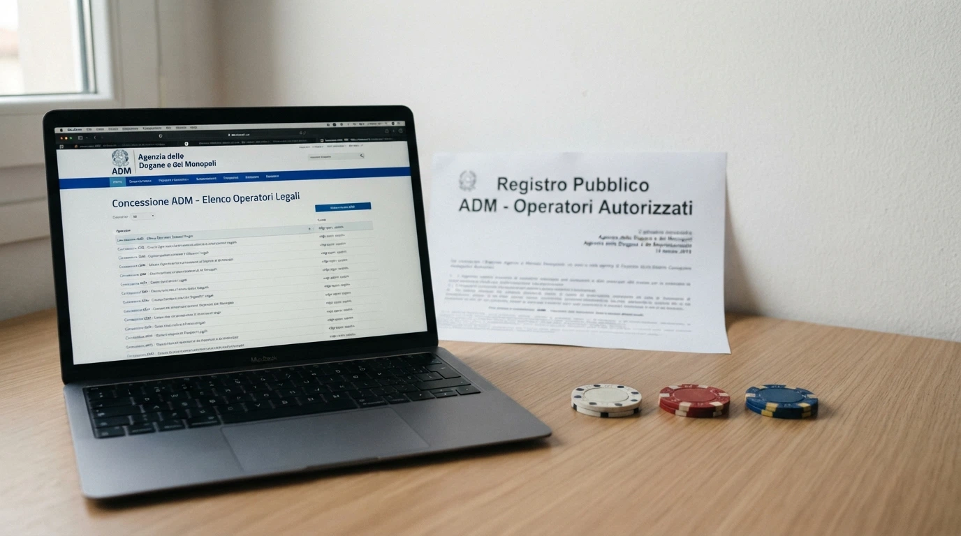 Un estratto del registro ADM accostato ai loghi delle giurisdizioni estere (Curaçao, Costa Rica), con una bilancia che pende verso il lato italiano