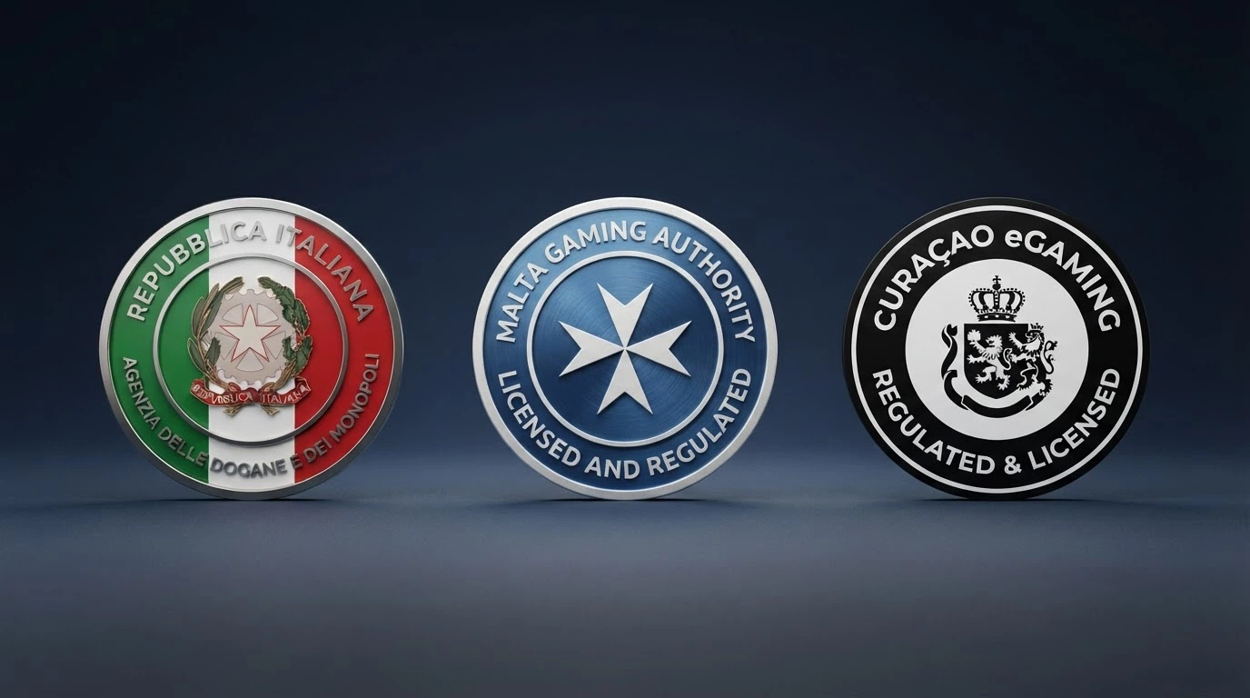 Un confronto visivo tra i sigilli ufficiali delle autorità di licenza: ADM, MGA e Curaçao eGaming, con l'indicazione di quali coprono il giocatore italiano