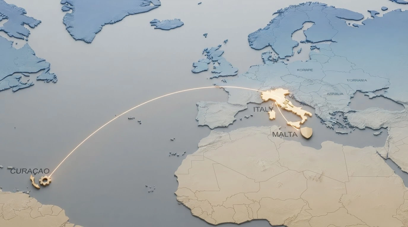 Una mappa dell'Europa con evidenziati Malta, Curaçao e l'Italia, collegati da linee che rappresentano i flussi di regolazione dei casinò online