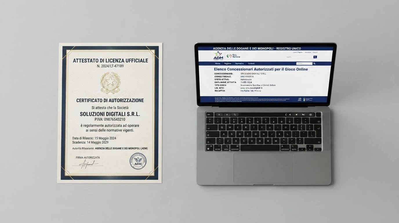 Un documento con sigillo di Curaçao eGaming affiancato alla schermata del registro concessionari ADM sul sito ufficiale