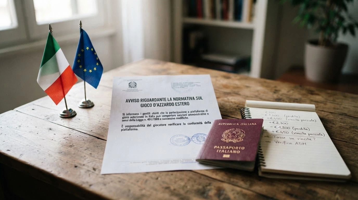 Un documento ufficiale con il timbro ADM accanto a un passaporto e una calcolatrice, su una scrivania con la bandiera italiana ed europea.