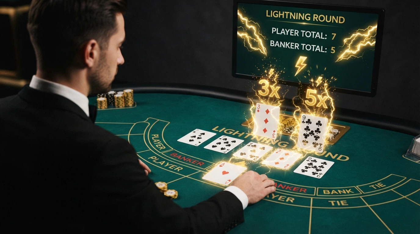 Schermata del Lightning Baccarat di Evolution con carte fulminate da moltiplicatori 3x e 5x visibili sull'interfaccia