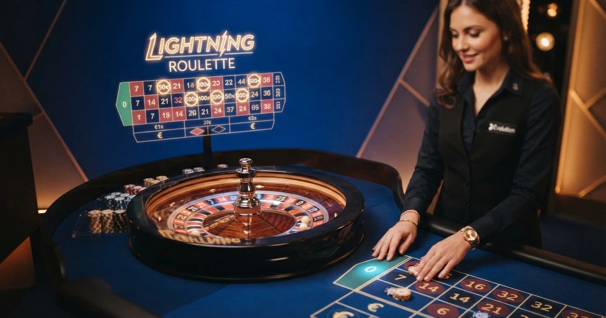 Un tavolo da Lightning Roulette in uno studio Evolution con croupier dal vivo, primo piano della ruota e dell'interfaccia con i numeri Lightning illuminati