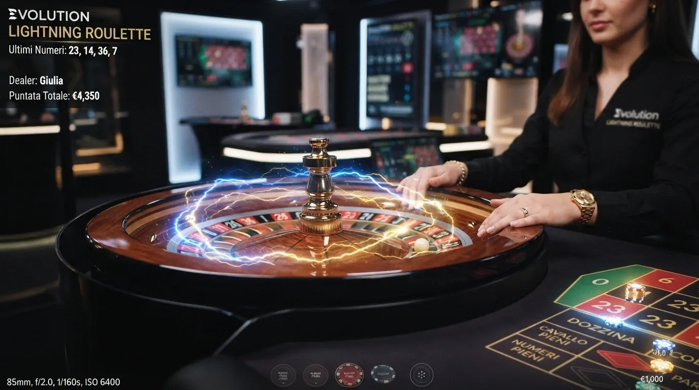 Primo piano di una ruota della roulette con effetti Lightning digitali sovrapposti, su un tavolo Evolution Gaming con interfaccia di puntata visibile