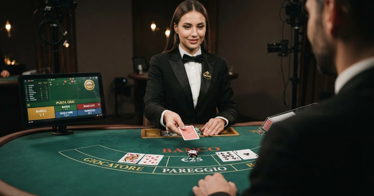 Tavolo di baccarat dal vivo con croupier in smoking, carte distribuite sul tavolo verde e interfaccia di puntata sullo schermo