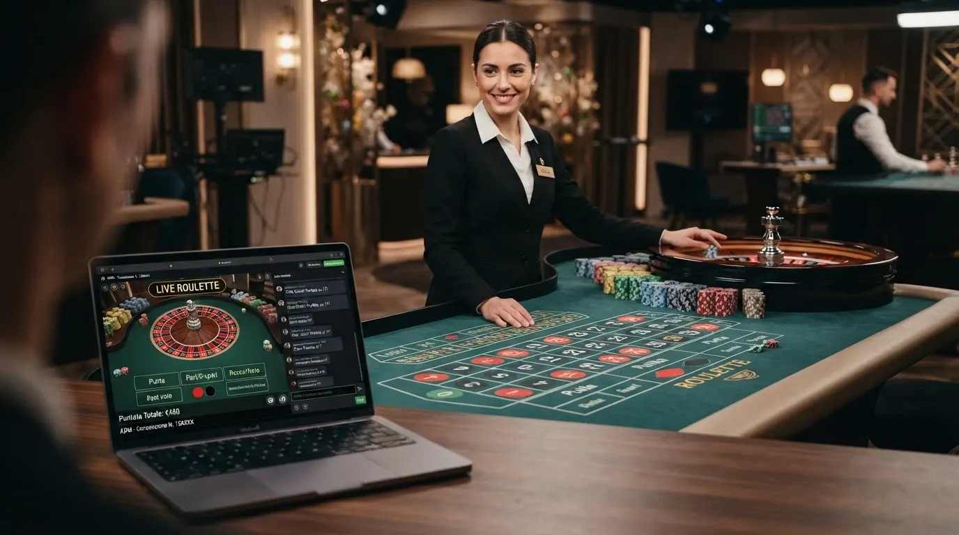 Un tavolo di roulette in live streaming con croupier dal vivo, interfaccia di puntata in italiano e angolazione della telecamera che inquadra la ruota e il tavolo