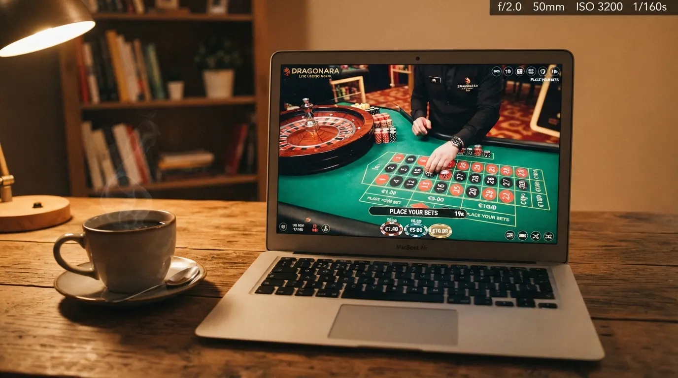 Un tavolo da roulette dal vivo con croupier in streaming, inquadrato dal monitor di un computer portatile aperto su una scrivania con una tazza di caffè accanto