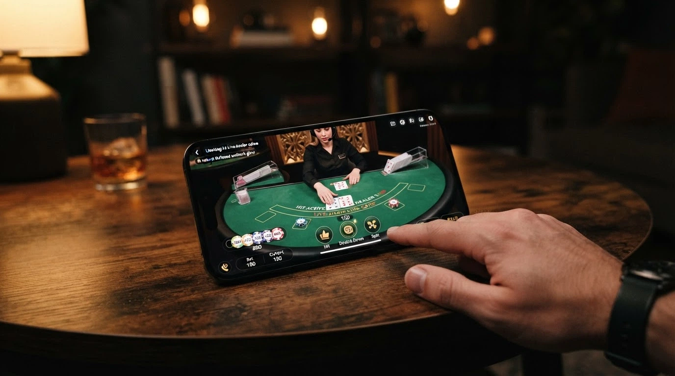 Uno smartphone che mostra un tavolo di blackjack dal vivo in modalità landscape, con le chip virtuali in basso e il dealer visibile in streaming HD.