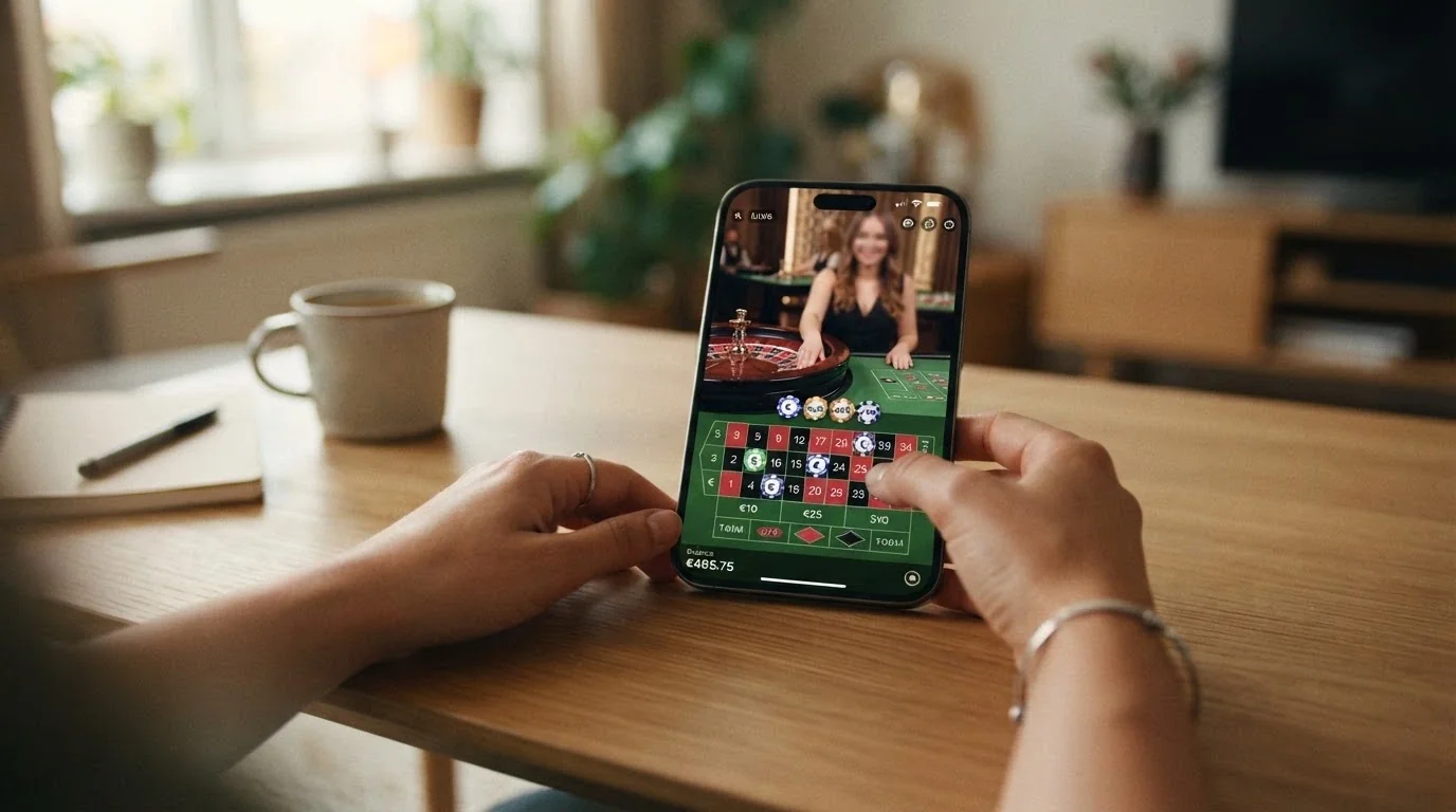 Schermo di uno smartphone che mostra un'interfaccia di roulette live con le puntate disposte sul tavolo verde e la finestra del croupier in alto