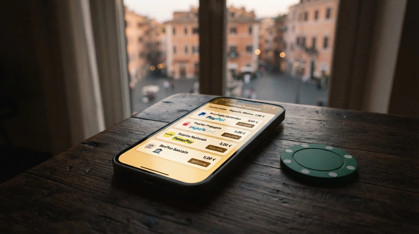 Uno smartphone che mostra una schermata di checkout con icone di PayPal, Paysafecard, Postepay, Skrill e bonifico bancario, con l'importo «5,00 €» in evidenza