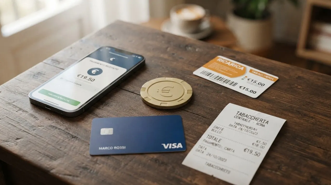 Una disposizione di carte di credito, un telefono con PayPal aperto, un tagliando Paysafecard e una ricevuta di punto vendita Sisal, con una moneta da 1 euro al centro