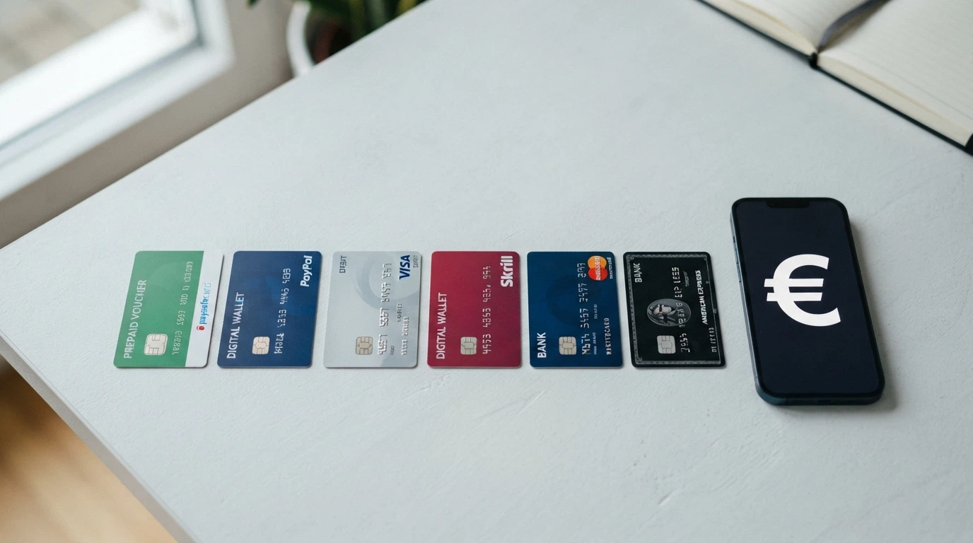 I loghi e le icone dei principali metodi di pagamento disponibili nei casinò online italiani per depositi di piccolo importo — Paysafecard, PayPal, Postepay, Skrill, Visa, bonifico