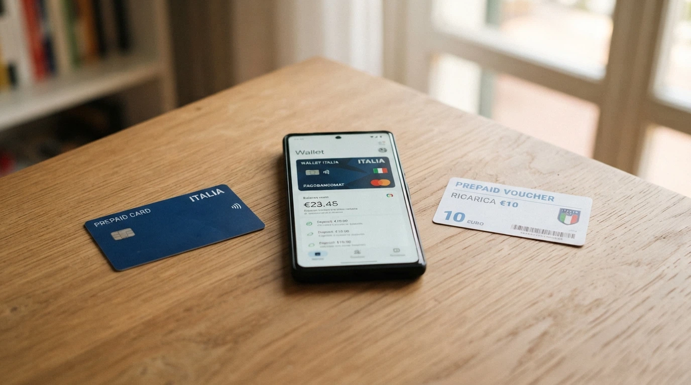 Una carta Postepay, uno smartphone con il logo PayPal sullo schermo e un tagliando Paysafecard da 10 euro affiancati su un tavolo