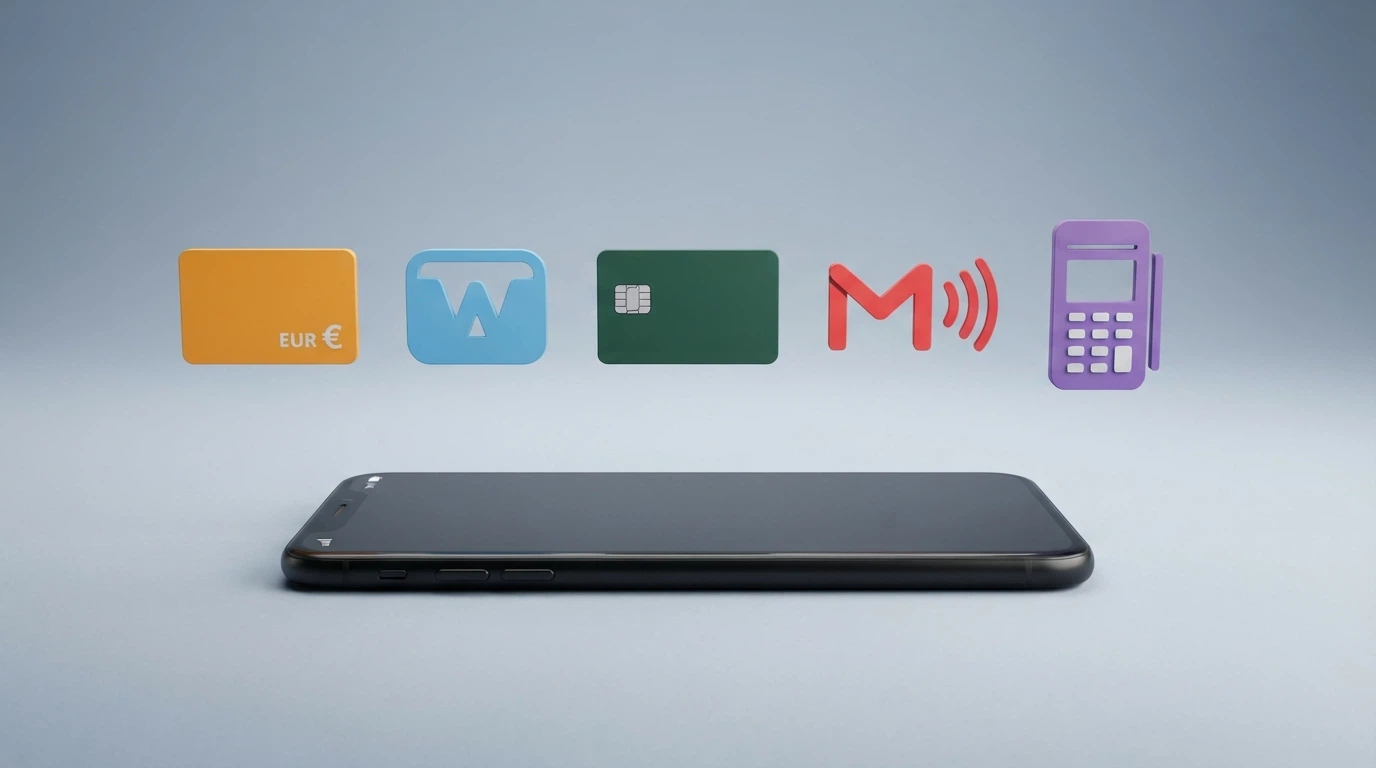 Una serie di icone di metodi di pagamento — PayPal, Paysafecard, Postepay, Skrill, Apple Pay — disposte in fila sopra la sagoma di uno smartphone