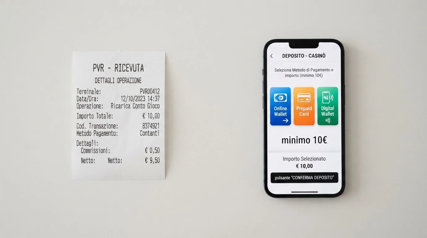 Un display diviso in due: a sinistra una ricevuta di ricarica PVR da 1 euro, a destra uno schermo con le icone di PayPal, Postepay e Skrill e la dicitura «minimo 10€».