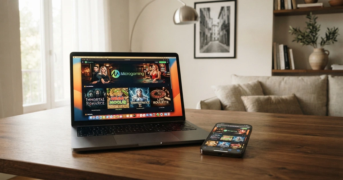 Interfaccia di un casinò online con giochi live Microgaming aperta su schermo desktop e smartphone affiancati