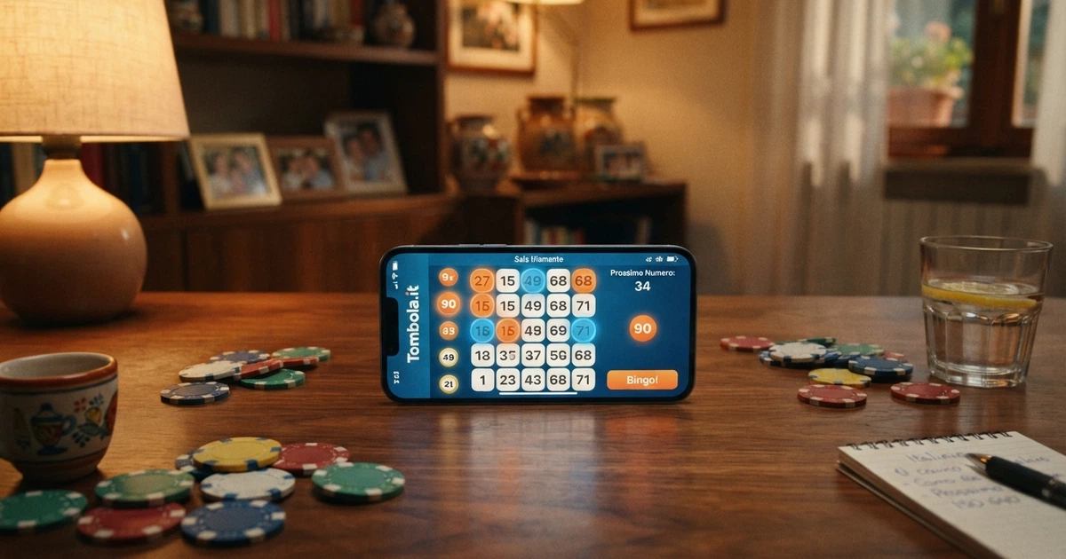 Schermata di una sala bingo online con cartelle digitali colorate, numeri estratti in evidenza e contatore del montepremi in tempo reale