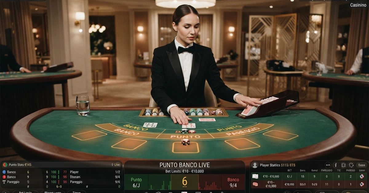 Un tavolo di punto banco live con croupier in smoking, carte disposte sul tavolo verde, aree di puntata Banco, Punto e Pareggio illuminate, interfaccia del casinò online visibile ai bordi