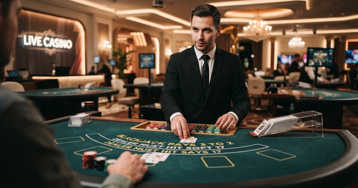 Un croupier dal vivo inquadrato al tavolo da gioco con interfaccia di puntata su schermo, in uno studio di casinò live illuminato