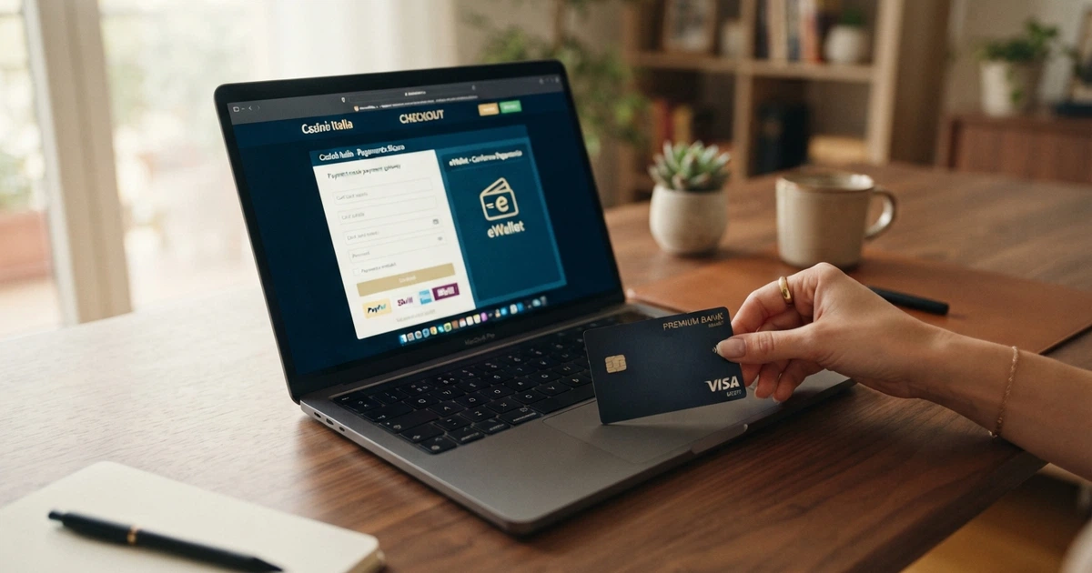 Una carta American Express appoggiata su un laptop aperto sulla pagina di cassa di un casinò online, con il logo di un e-wallet visibile sullo schermo
