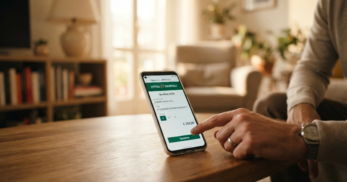 Un giocatore digita l'IBAN del casinò nella propria app di home banking per effettuare un deposito tramite bonifico bancario