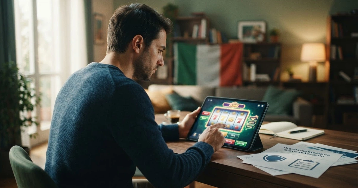 Un giocatore italiano seduto davanti a uno schermo che confronta licenze e simboli di casino online, con la bandiera italiana sullo sfondo e icone di lucchetti e scudi che rappresentano sicurezza e regolamentazione.