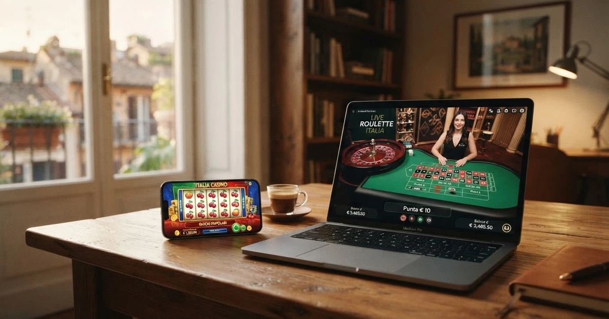 Una selezione di schermate di casinò online con licenza ADM visualizzate su desktop e smartphone, con il logo dell'Agenzia delle Dogane e dei Monopoli in evidenza