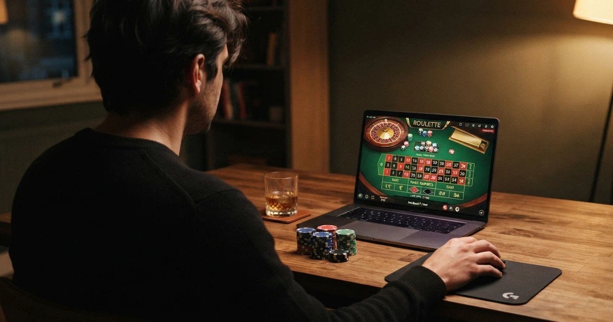 Un giocatore seduto a un tavolo da casinò online con un'interfaccia di gioco sullo schermo, fiches impilate e il pannello dei limiti di puntata visibile