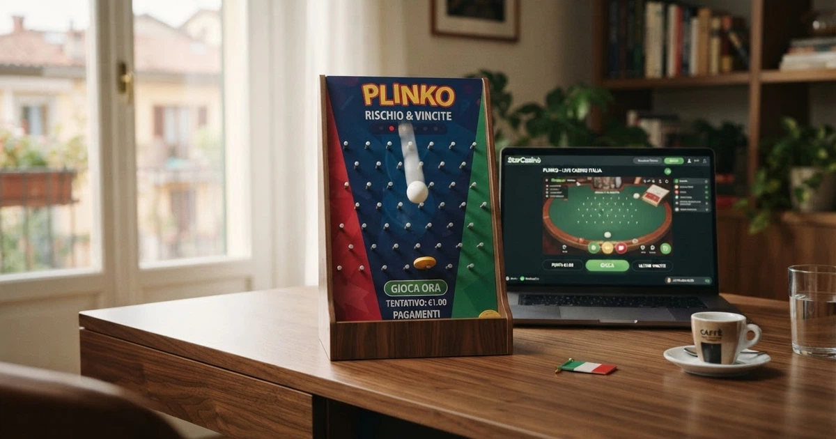 Una pallina bianca in caduta su un tabellone Plinko colorato con pioli argentati e moltiplicatori laterali, sullo sfondo l'interfaccia di un casinò online in italiano.