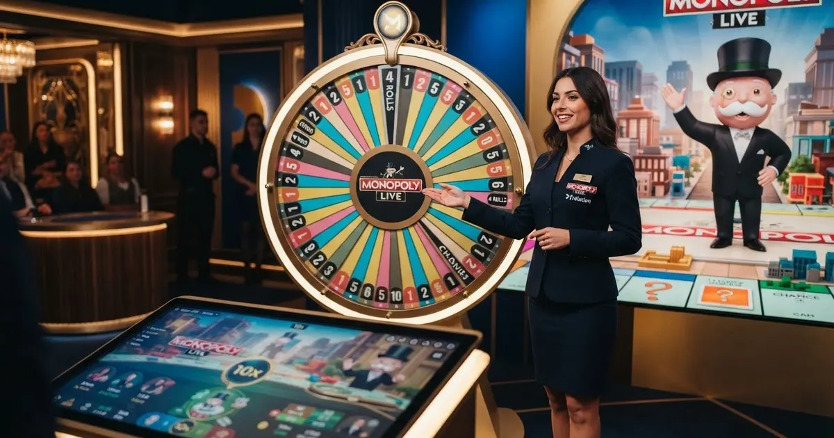 La ruota della fortuna di Monopoly Live con il dealer in diretta streaming e l'interfaccia di puntata sullo schermo
